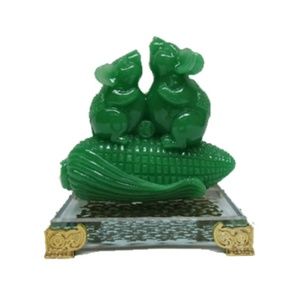 Feng Shui Chinese Zodiac jade color Mice on corn with crystal base wealth statue